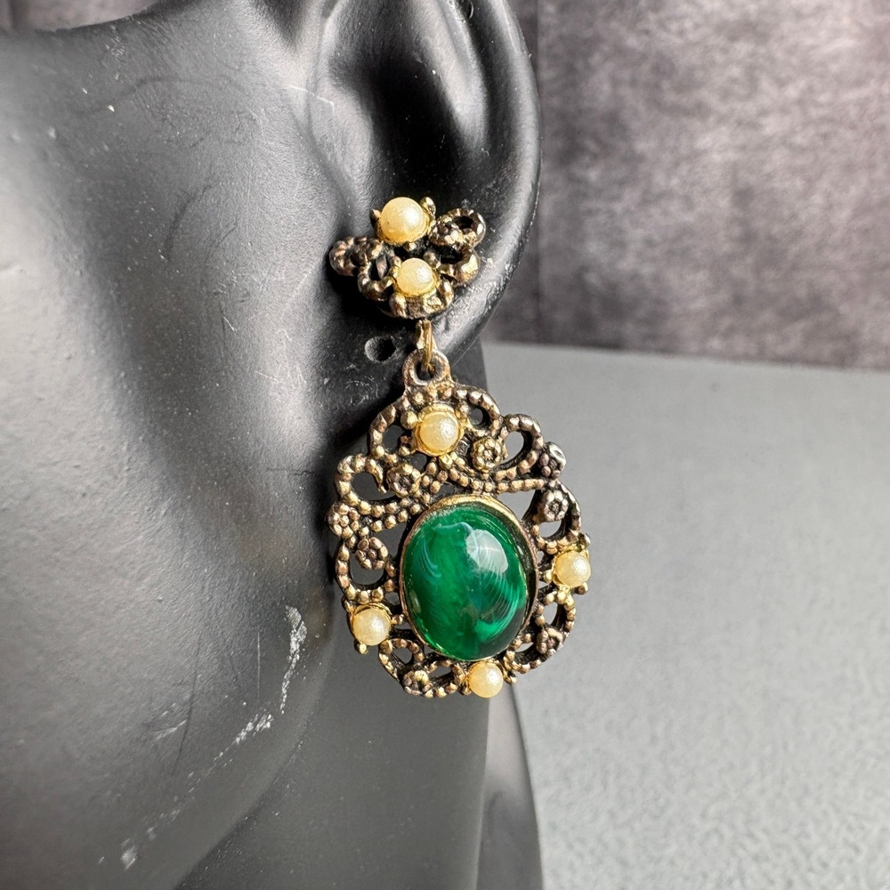 Vintage Green Faux Malachite Filigree Screw Back Drop Earrings Faux Pearl Accent